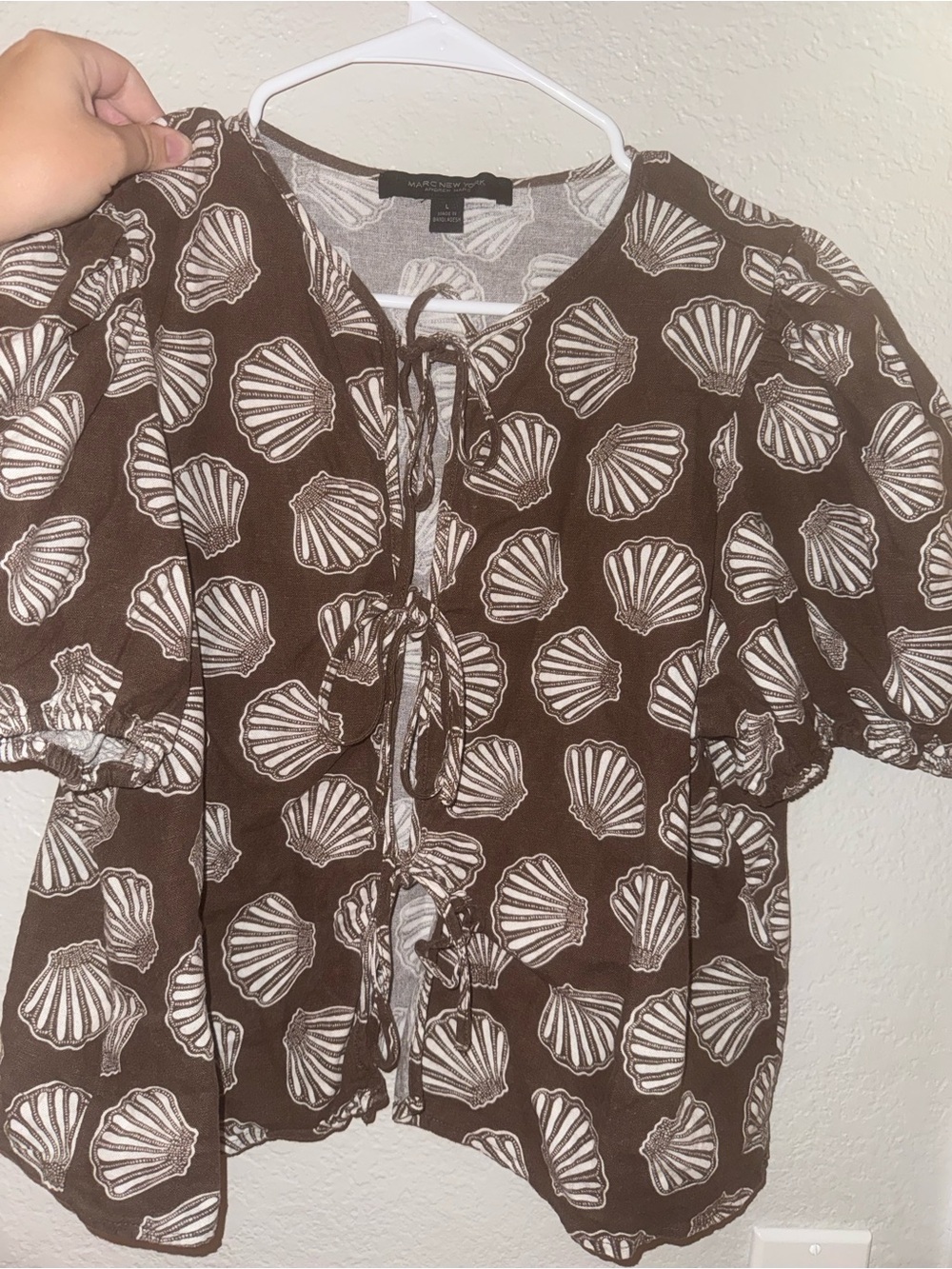 Marc New York Brown and White Shell-Print Tie-Front Blouse